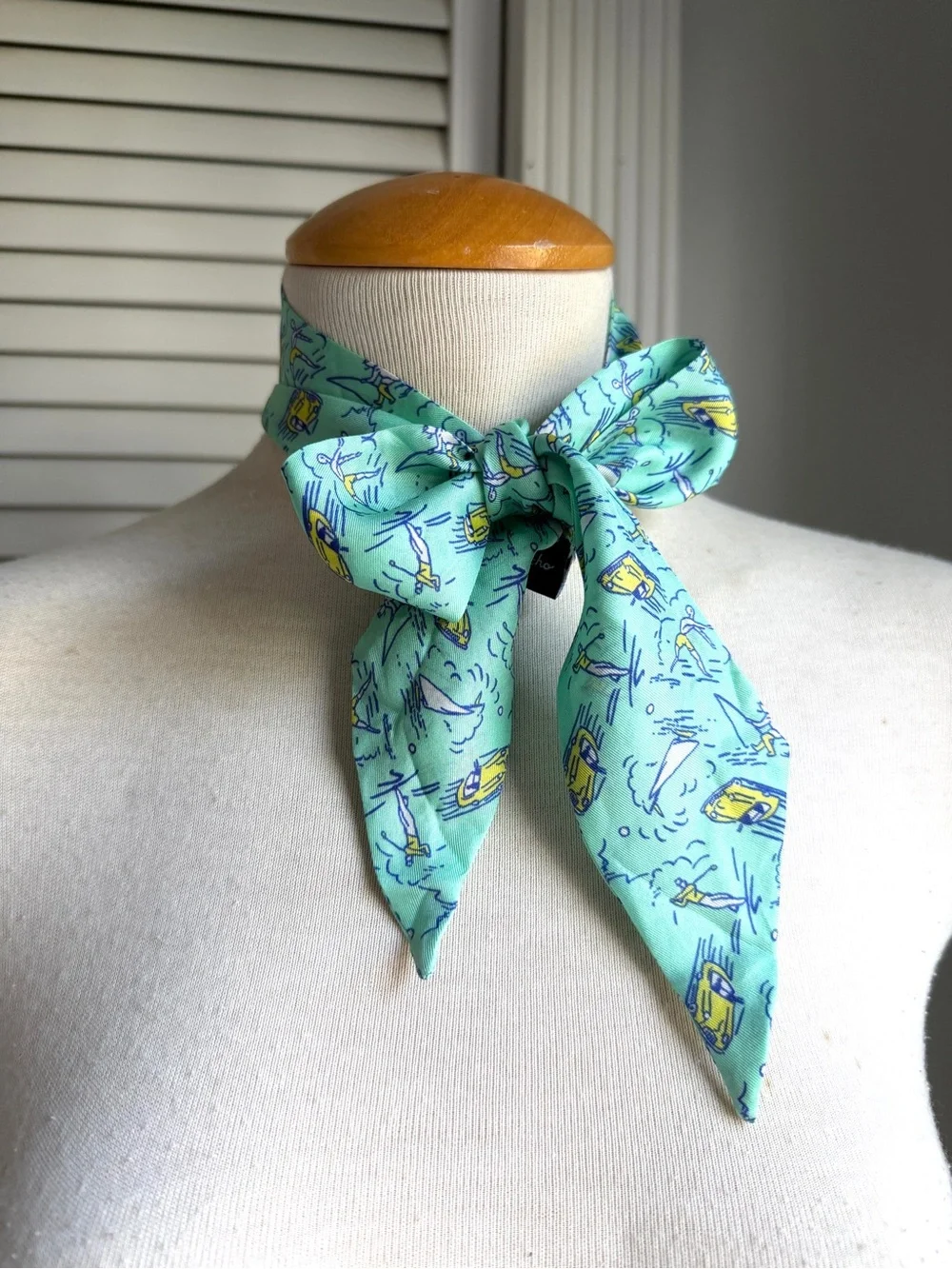 ⛳️ Echo Silk Preppy Aqua Teal Blue Ribbon Scarf Golf Convertible Car Sailboat